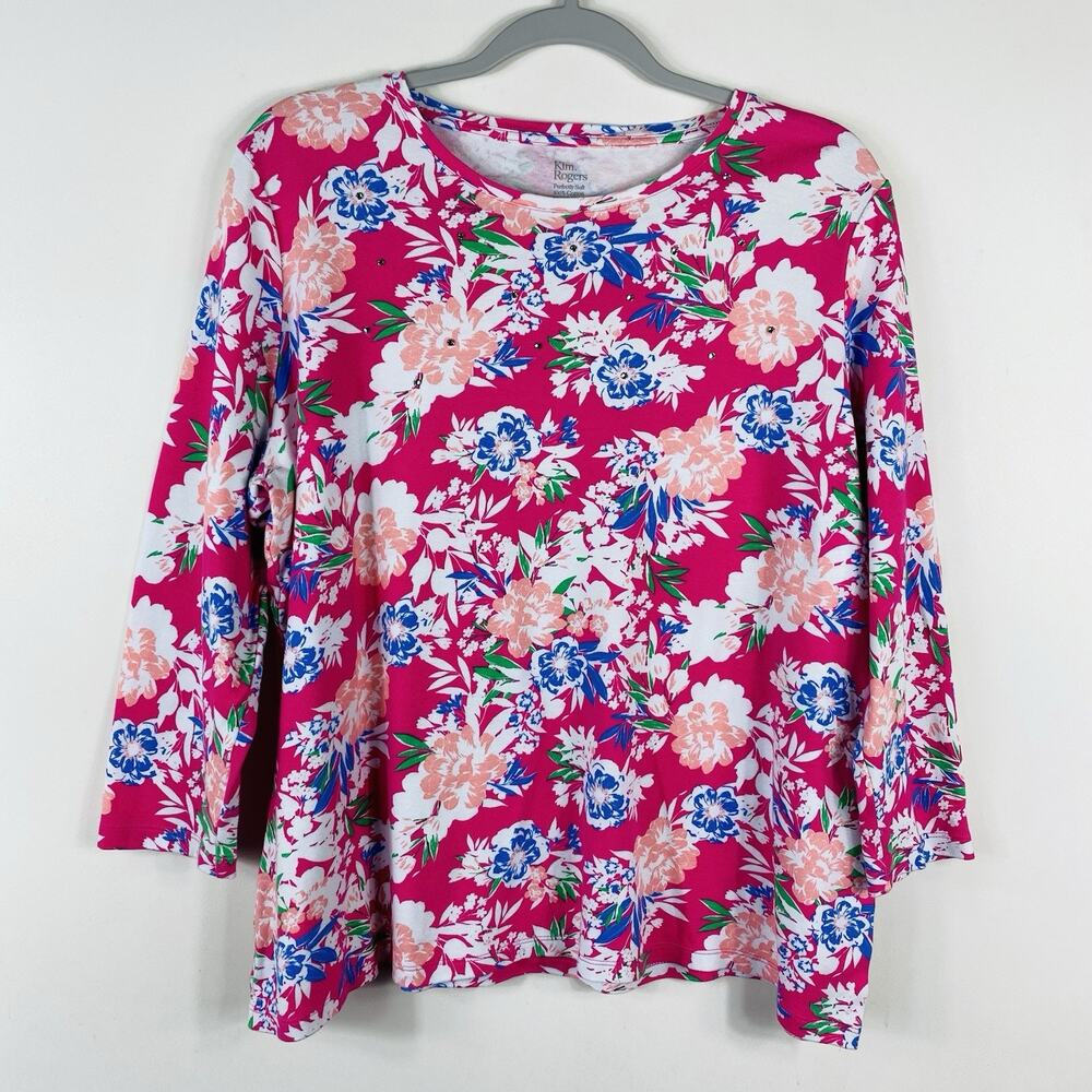 Kim Rogers T-Shirt Large Pink Floral Rhinestone Perfectly Soft 3/4 Sleeve Top